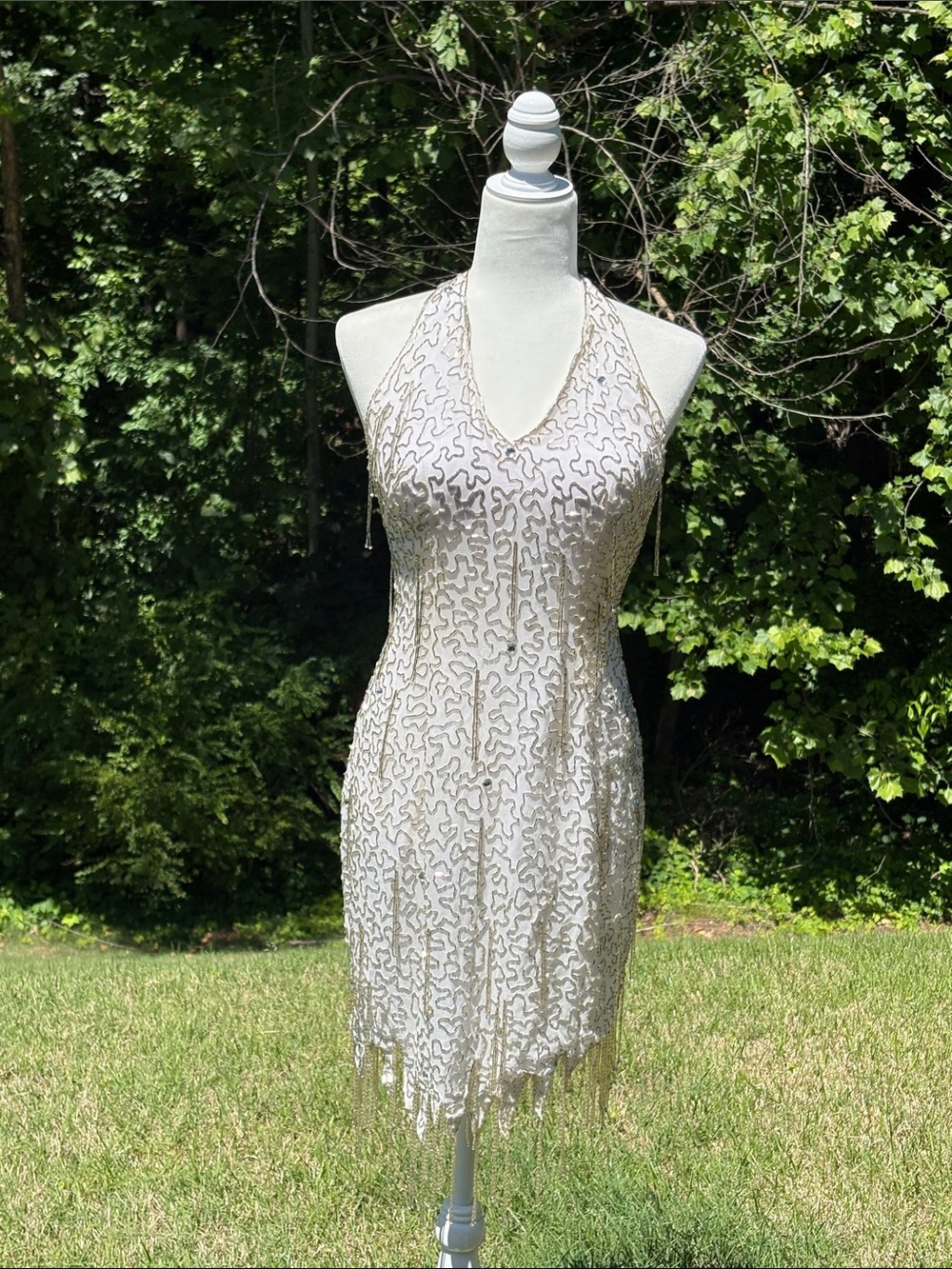 Vintage White Silk Beaded Halter Cocktail Dress Size 6 - Picture 1 of 15